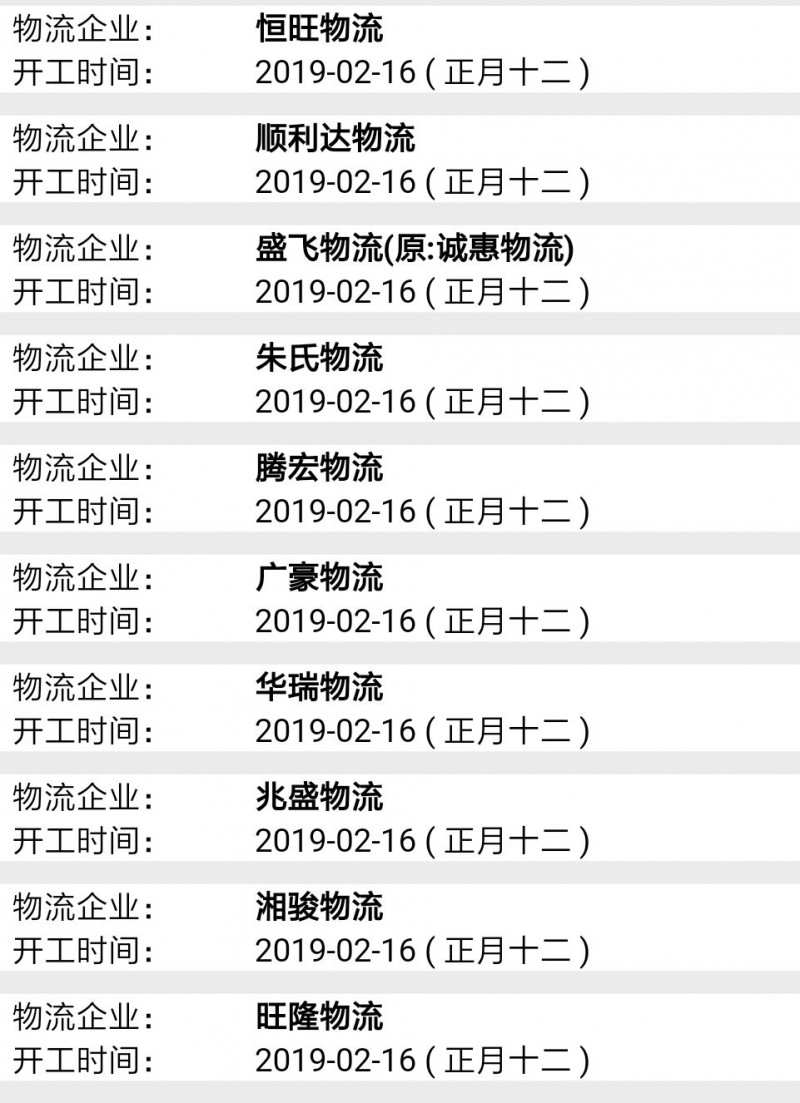 南康物流2019春节后开工时间表11