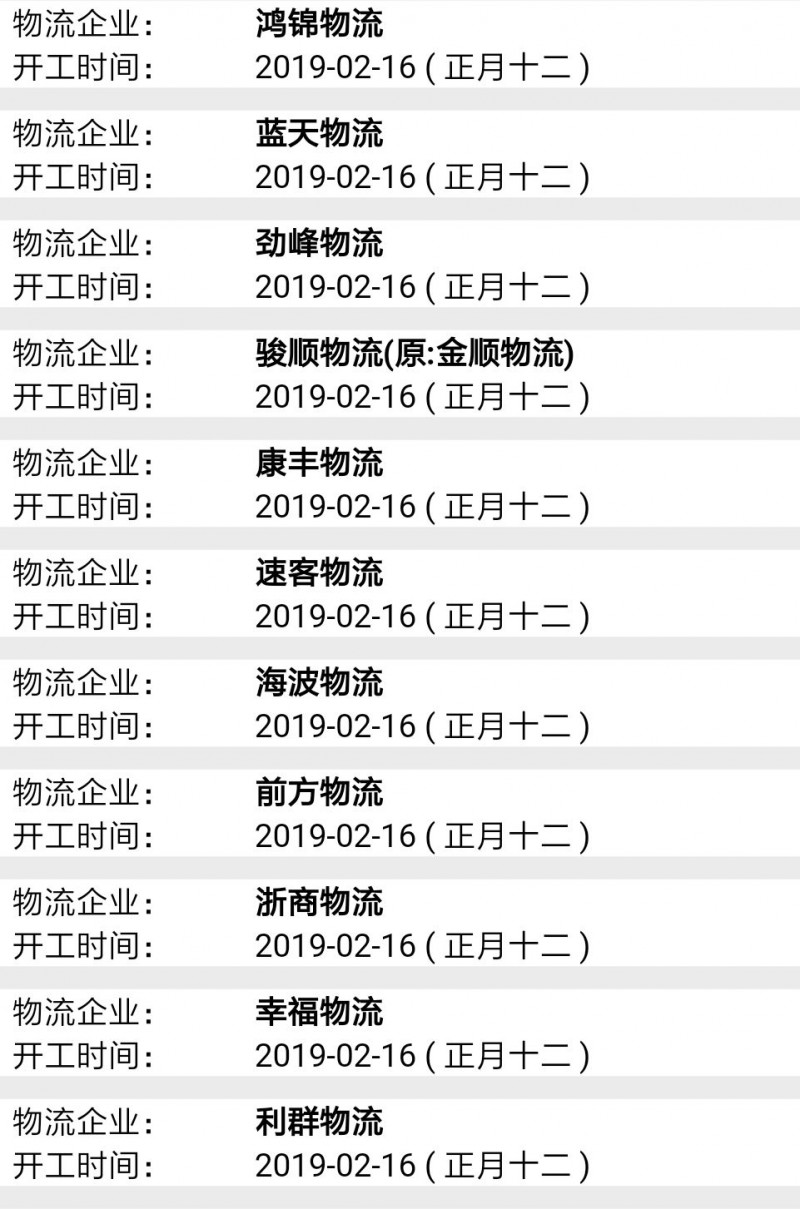 南康物流2019春节后开工时间表12