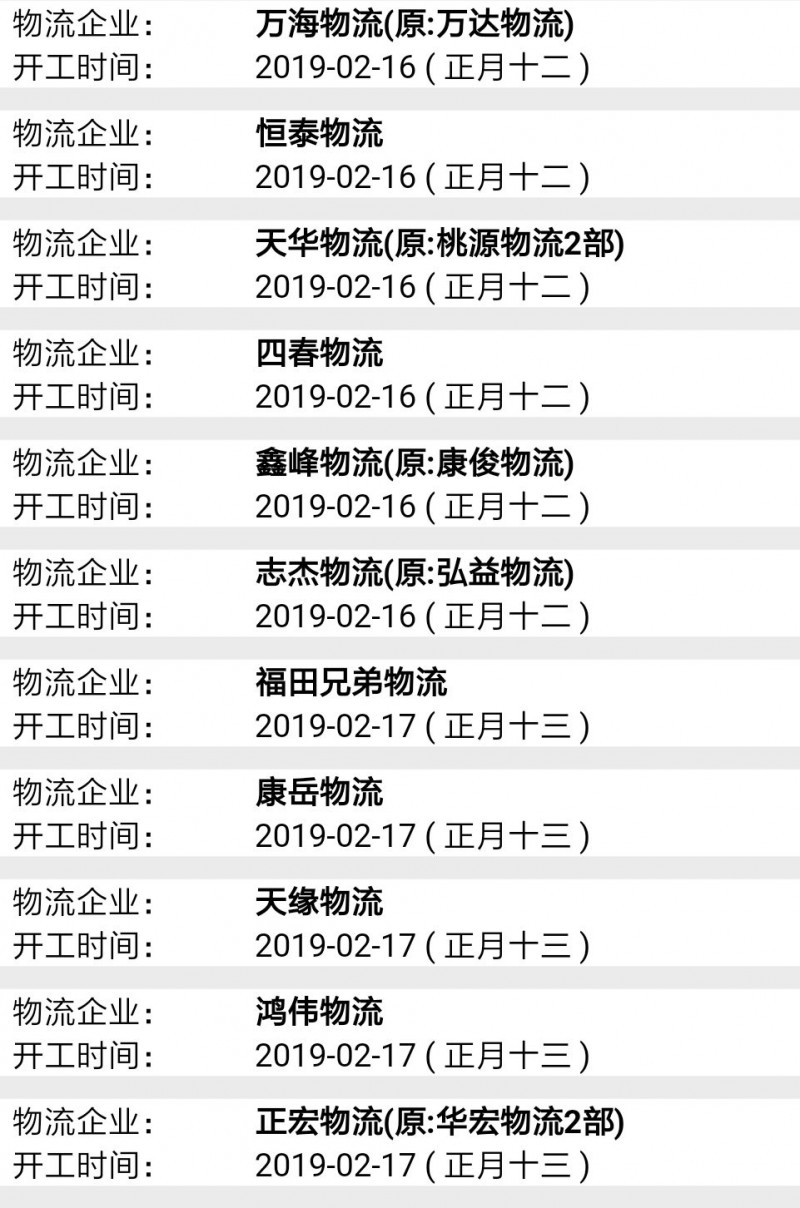 南康物流2019春节后开工时间表14